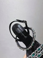 DG Sandals 10cm High Heel Green Crystal Embellished Black Silk