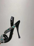 DG Sandals 10cm High Heel Green Crystal Embellished Black Silk