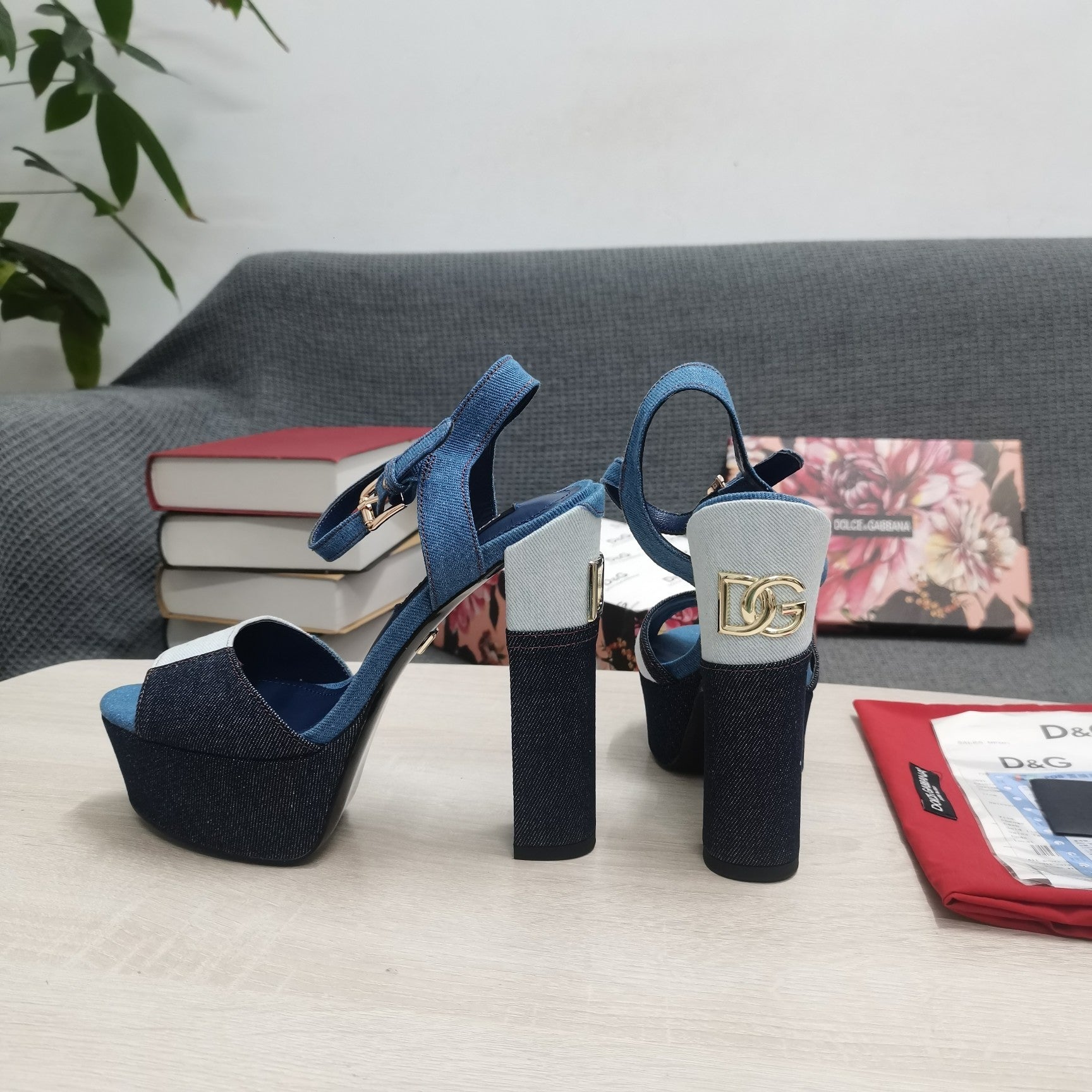 DG Platform Sandals 105mm High Heel  Blue Patchwork Denim