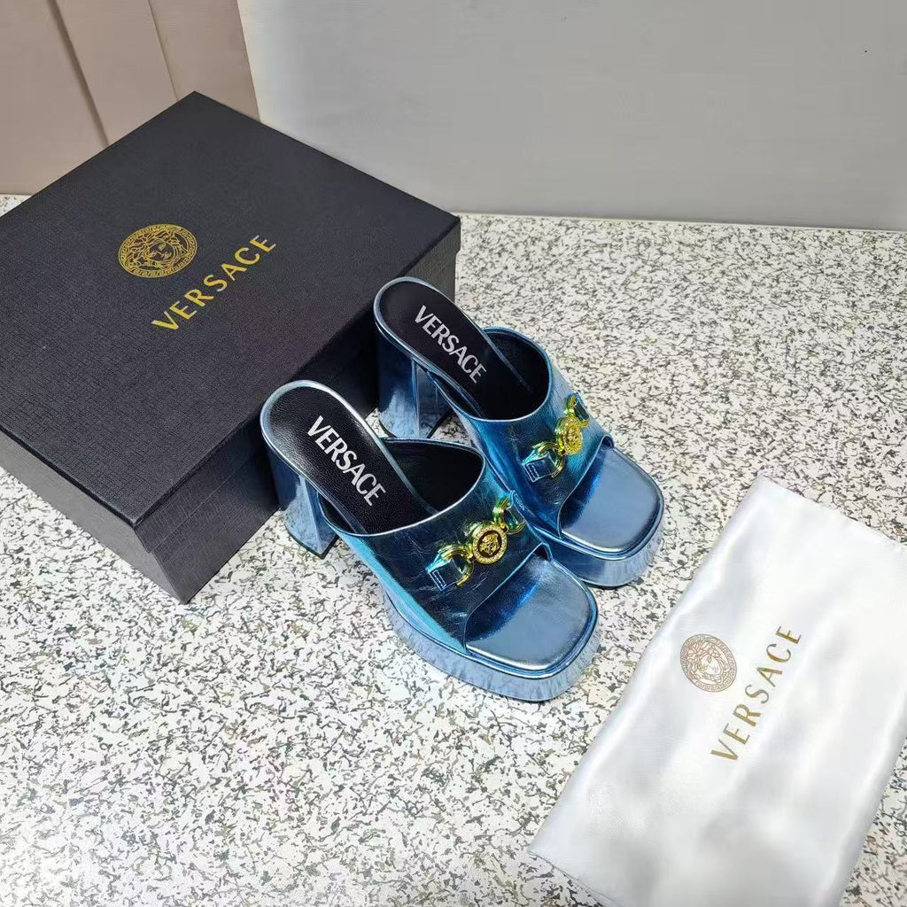 Versace Platform Sandals 110mm High Heel Metallic Blue Cowhide