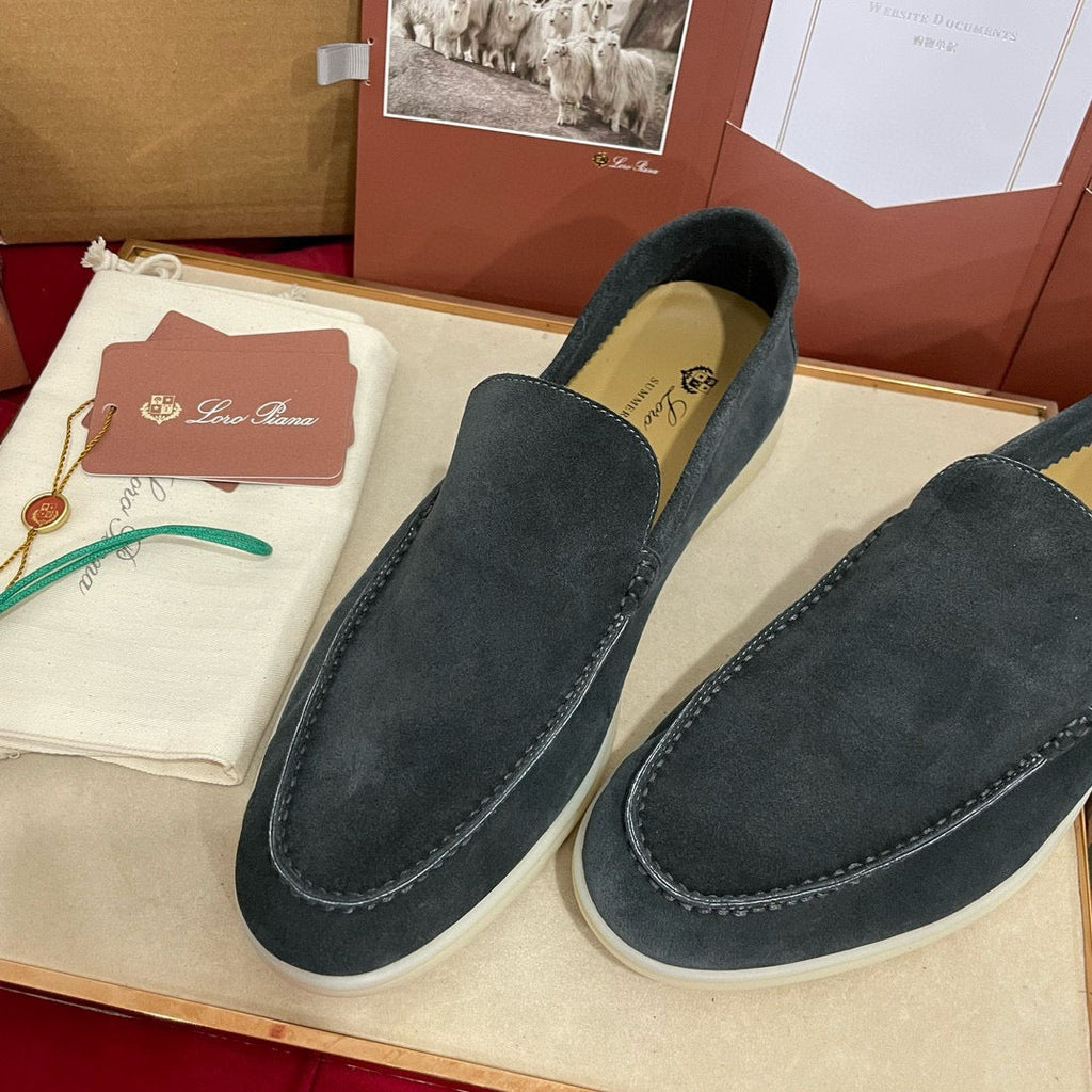 Loro Piana Suede Summer Walk Loafers Dark Grey