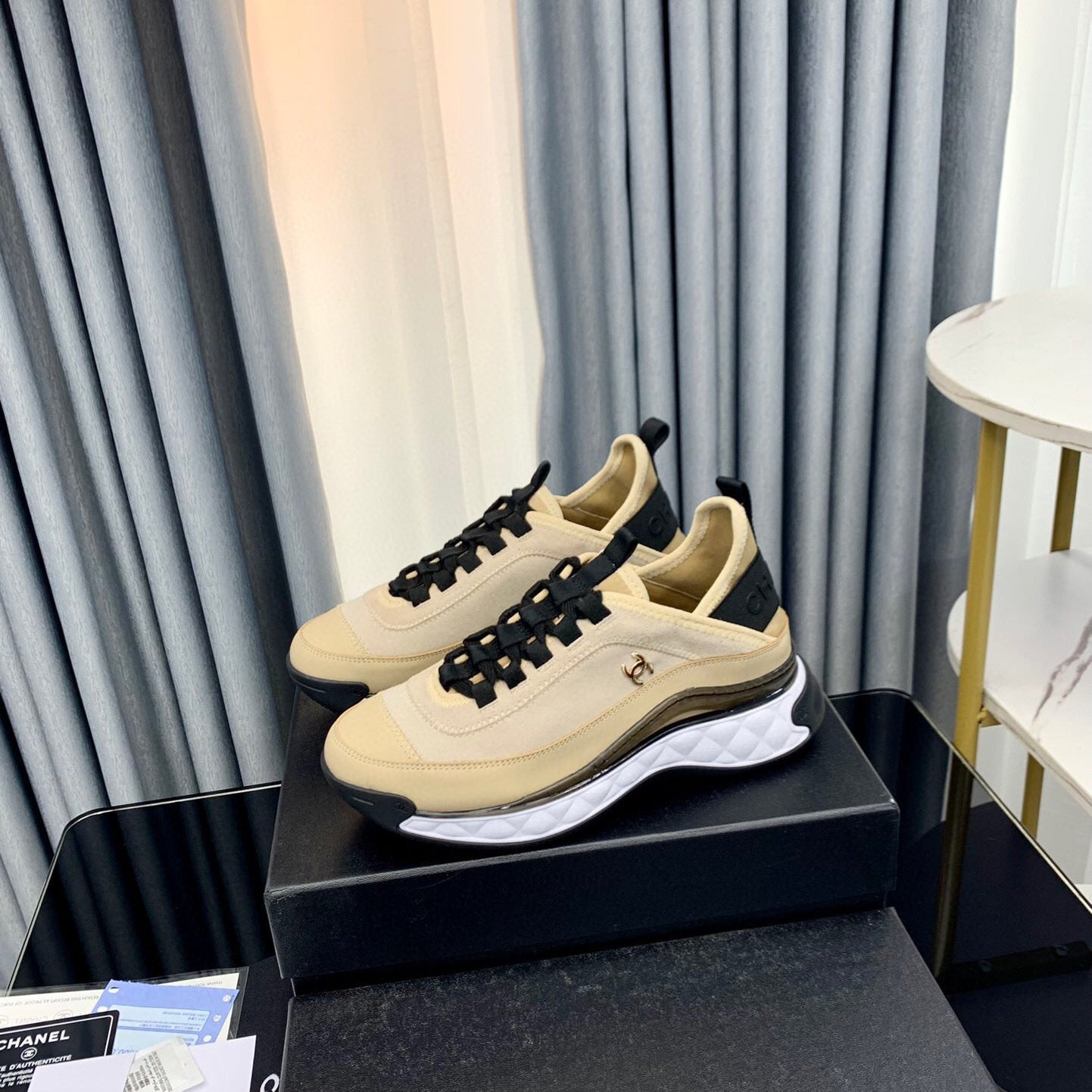 Chanel Interlocking CC Logo Sneaker Beige Black in Fabric patchwork