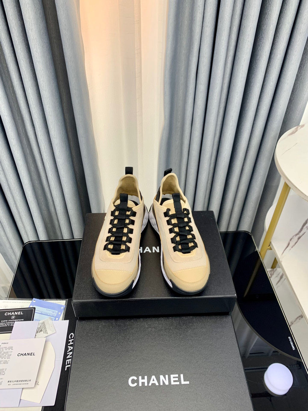 Chanel Interlocking CC Logo Sneaker Beige Black in Fabric patchwork