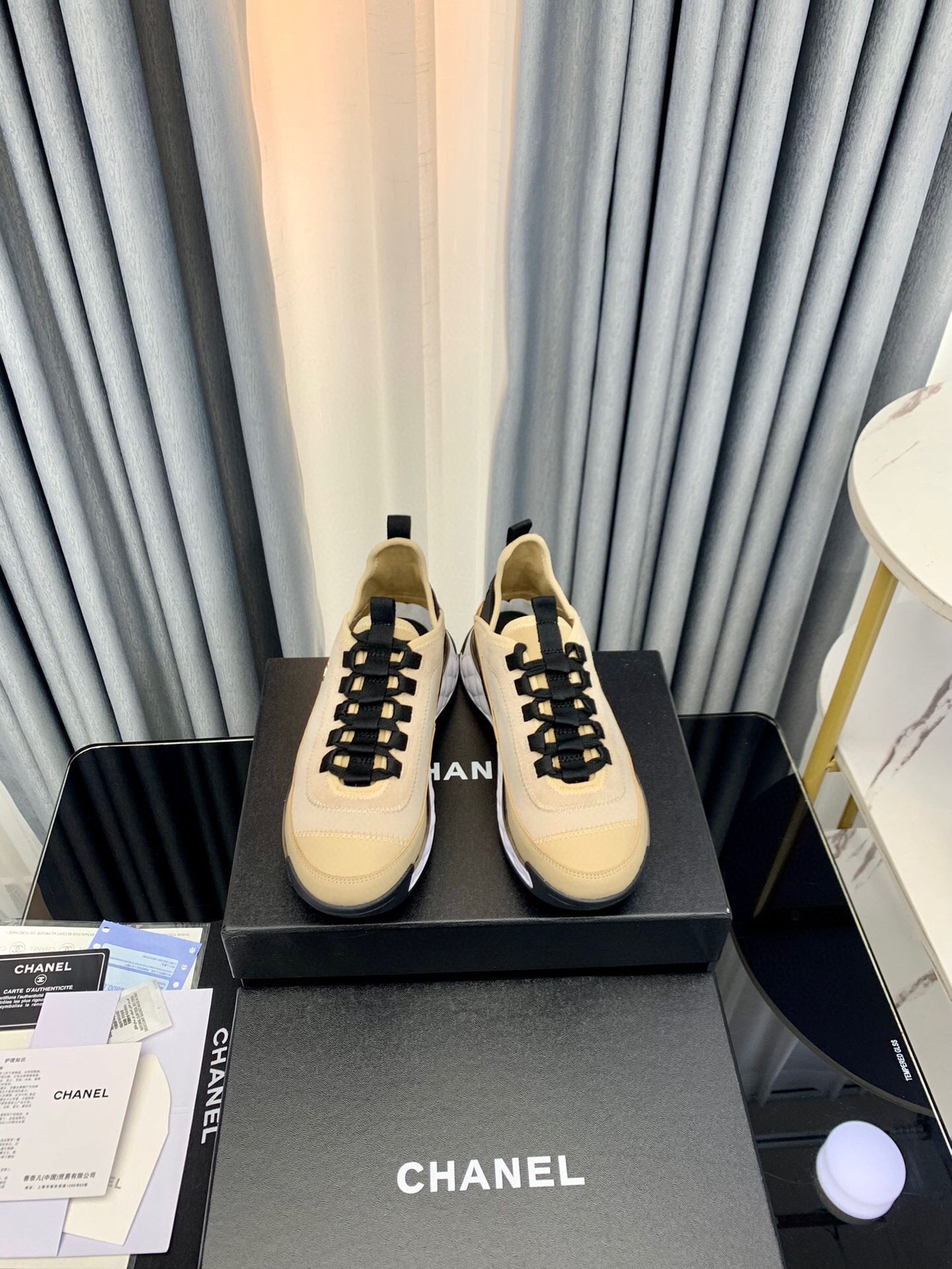Chanel Interlocking CC Logo Sneaker Beige Black in Fabric patchwork