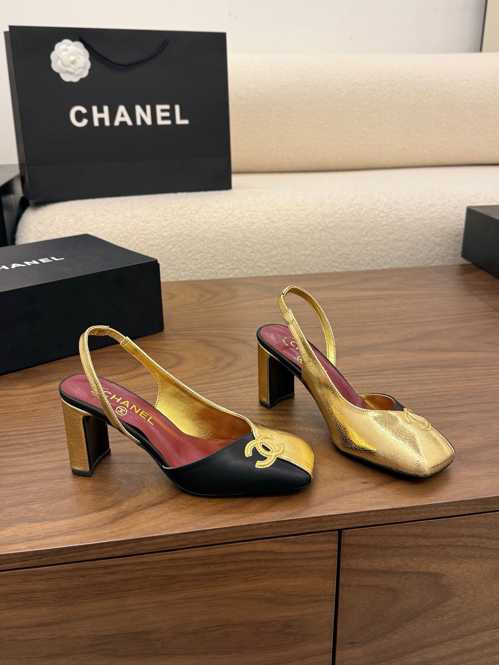 Slingback Black Gold 75mm Square Toe Cowhide