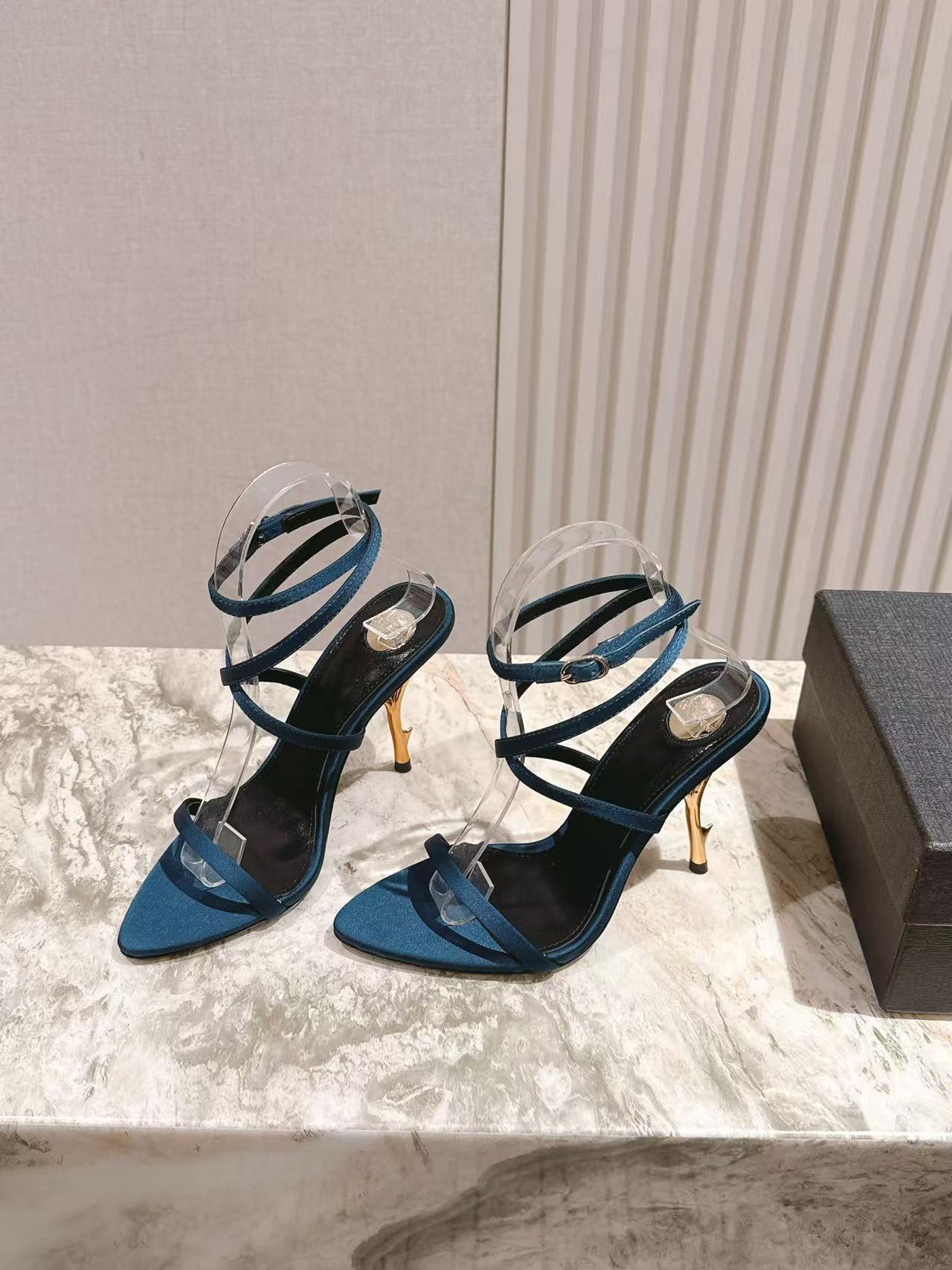 YSL High-Heeled Sandals 100cm With Strap Teal Leather