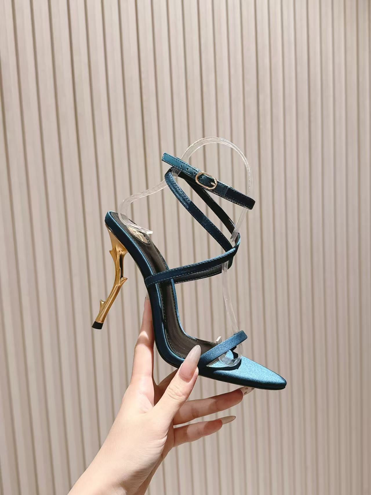YSL High-Heeled Sandals 100cm With Strap Teal Leather