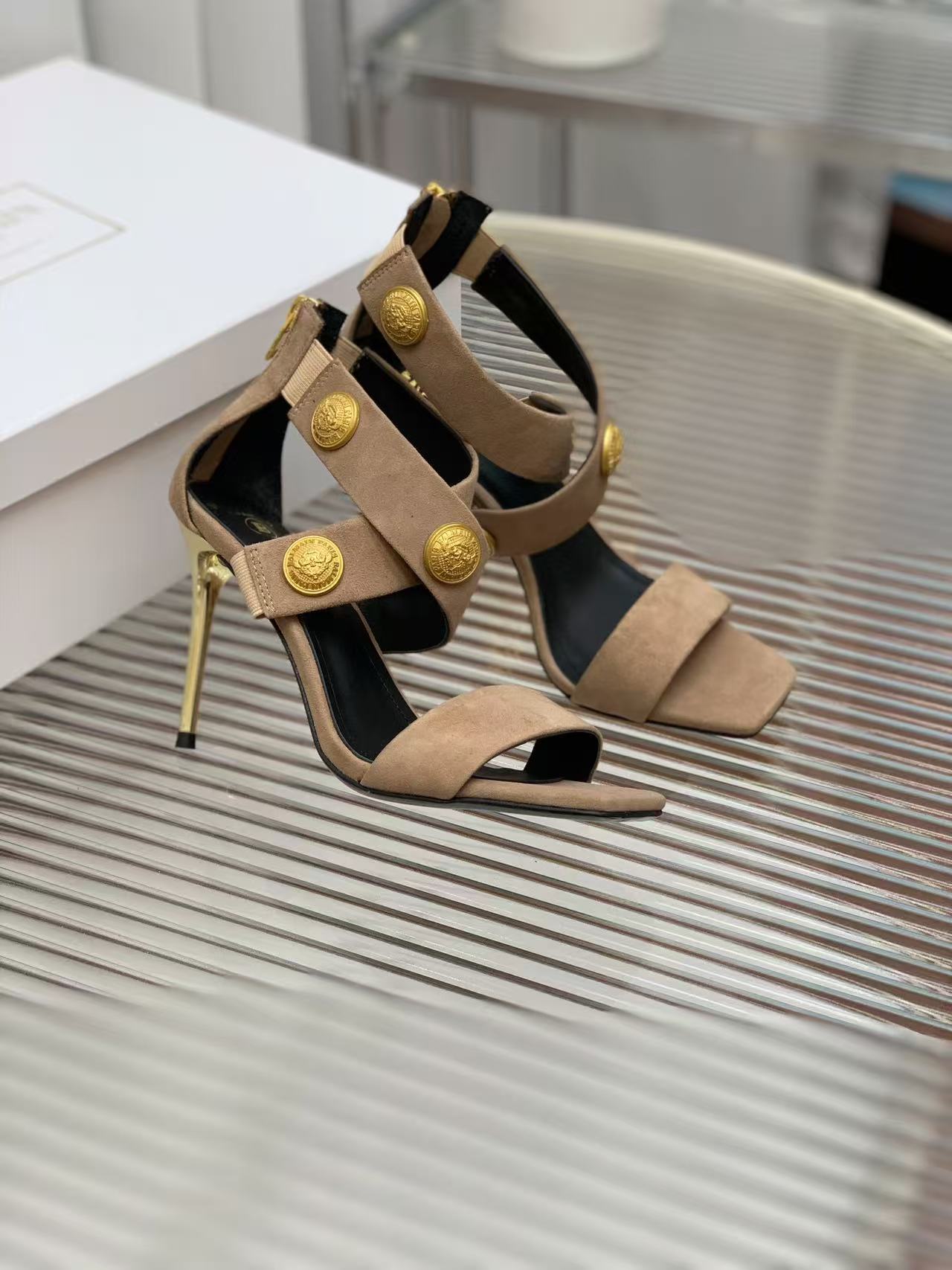 Balmain Crossover Strap Sandals 95mm Light Brown Suede
