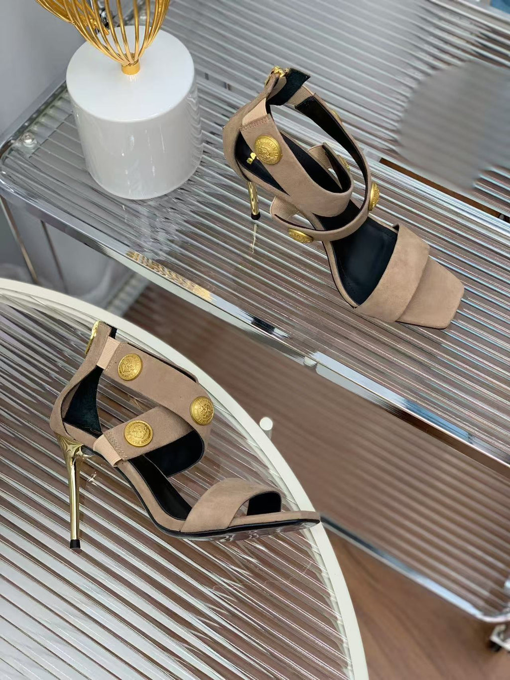 Balmain Crossover Strap Sandals 95mm Light Brown Suede