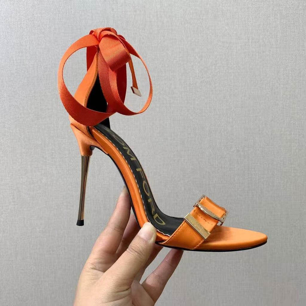 Tom Ford Sandal With Ribbon 105mm Orange In Silk And Sheepskin