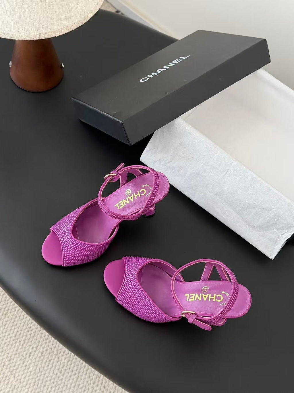 CC 26FW Slingback 7.5cm Hot Pink Crystal Leather