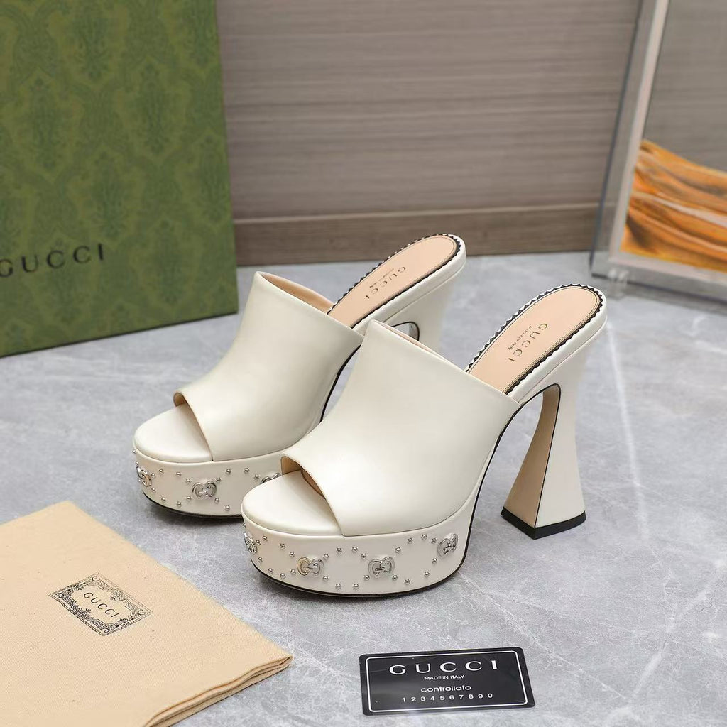 GG Platform Mule Sandals 13cm White Cowhide