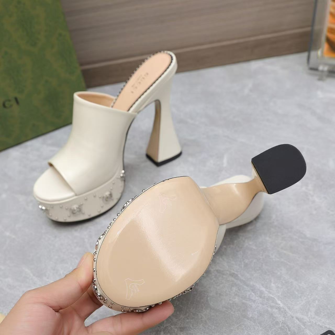GG Platform Mule Sandals 13cm White Cowhide
