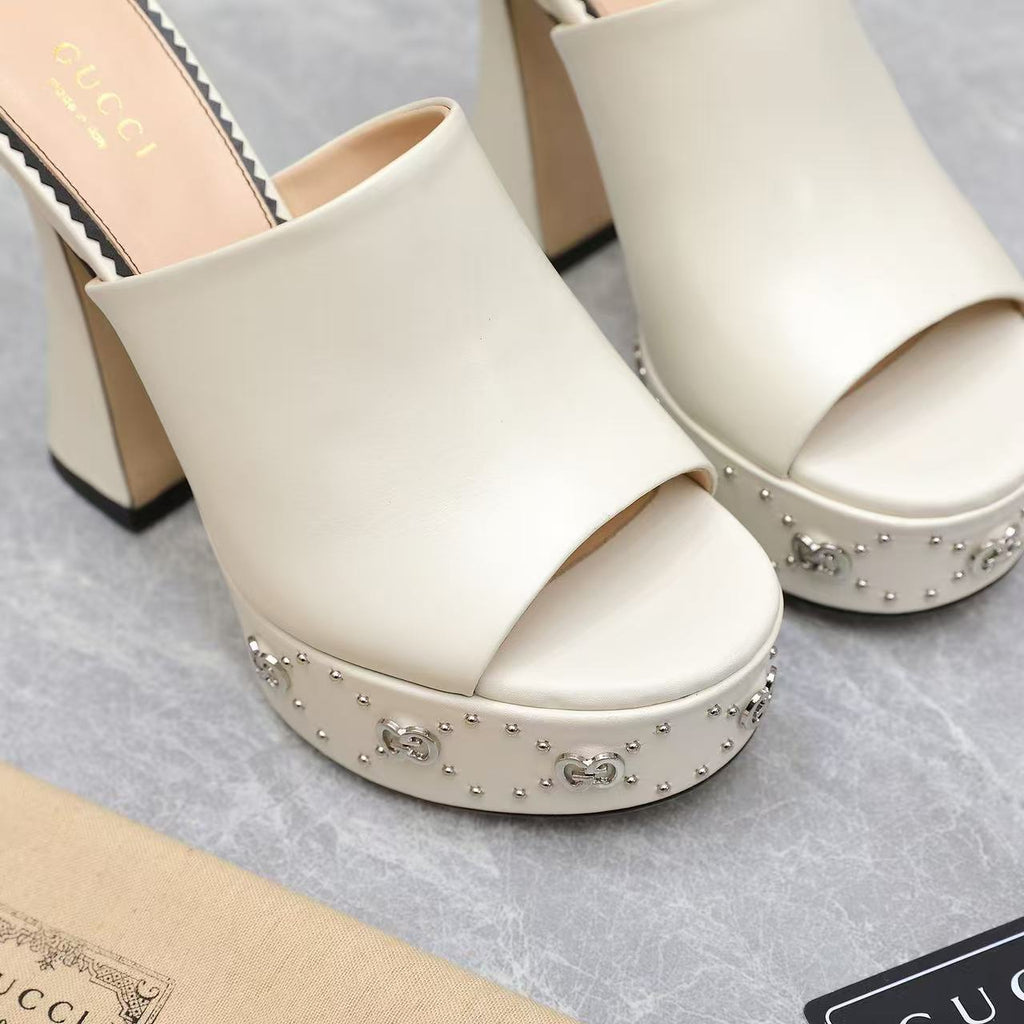 GG Platform Mule Sandals 13cm White Cowhide