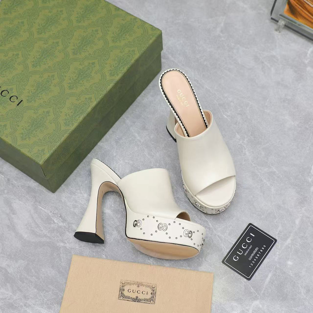 GG Platform Mule Sandals 13cm White Cowhide