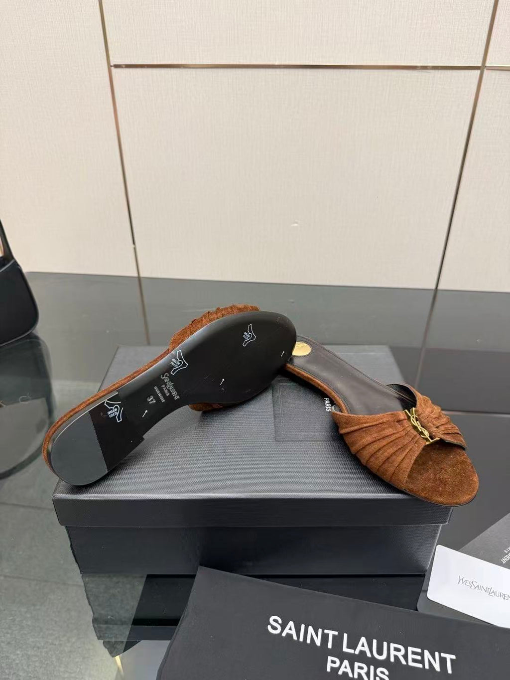 YSL Babylone Slides Coffee Brown Suede