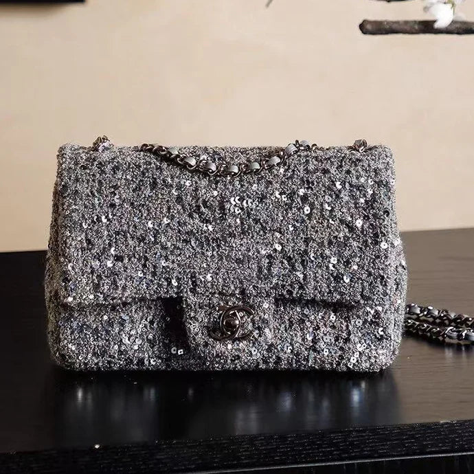 Chanel 2026 Flap Bag 21cm Silver Gray Chevron Sequin