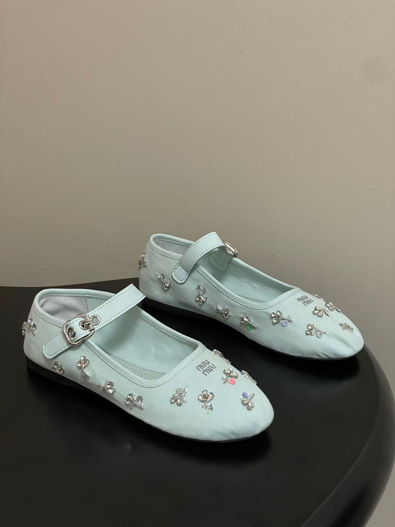 Miu Embellished Drill Ballerinas Light Blue Canvas With Rhinestones