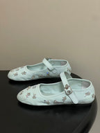 Miu Embellished Drill Ballerinas Light Blue Canvas With Rhinestones
