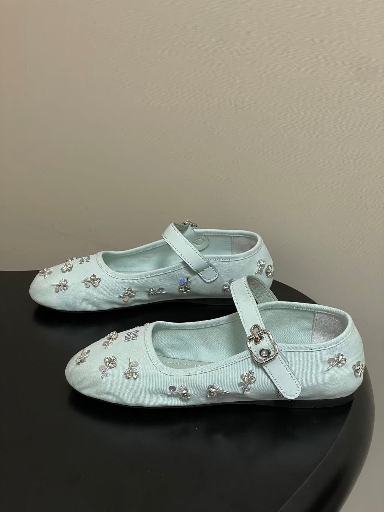 Miu Embellished Drill Ballerinas Light Blue Canvas With Rhinestones