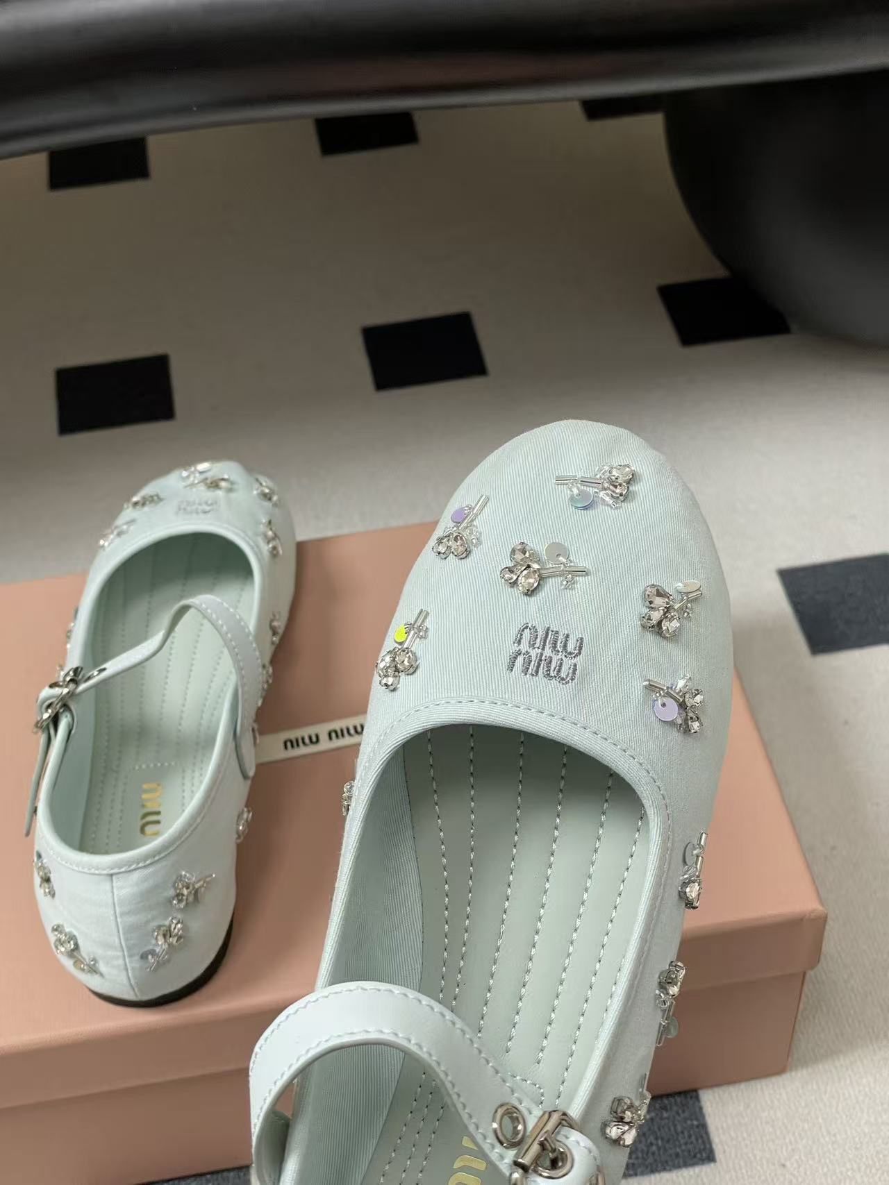 Miu Embellished Drill Ballerinas Light Blue Canvas With Rhinestones