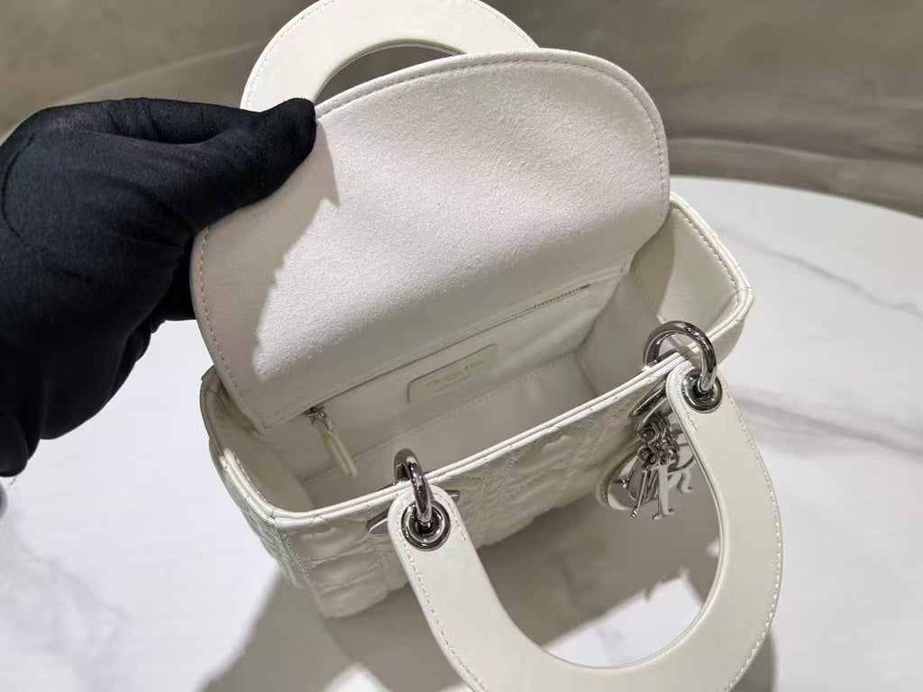 CD Lady Dior 20 Bag White Hardware Silver Lambskin