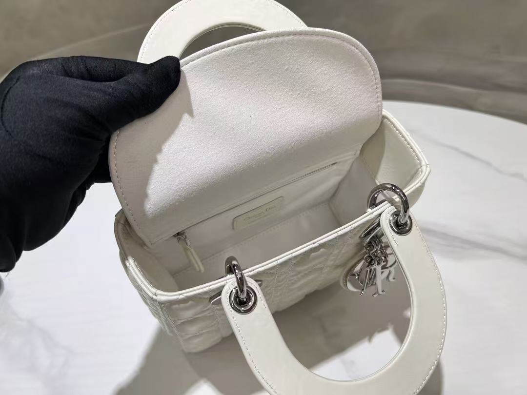 CD Lady Dior 20 Bag White Hardware Silver Lambskin