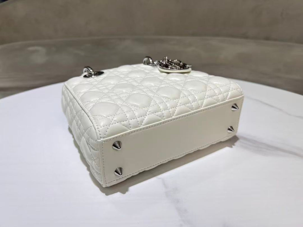 CD Lady Dior 20 Bag White Hardware Silver Lambskin