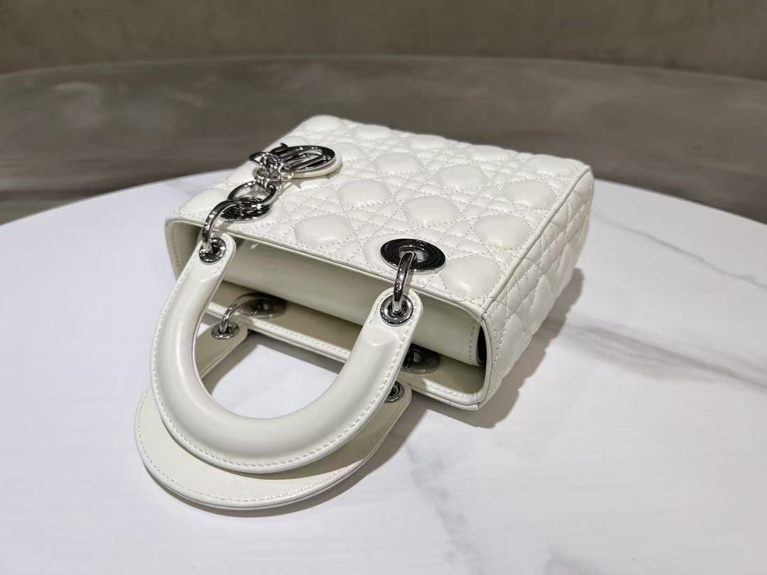 CD Lady Dior 20 Bag White Hardware Silver Lambskin