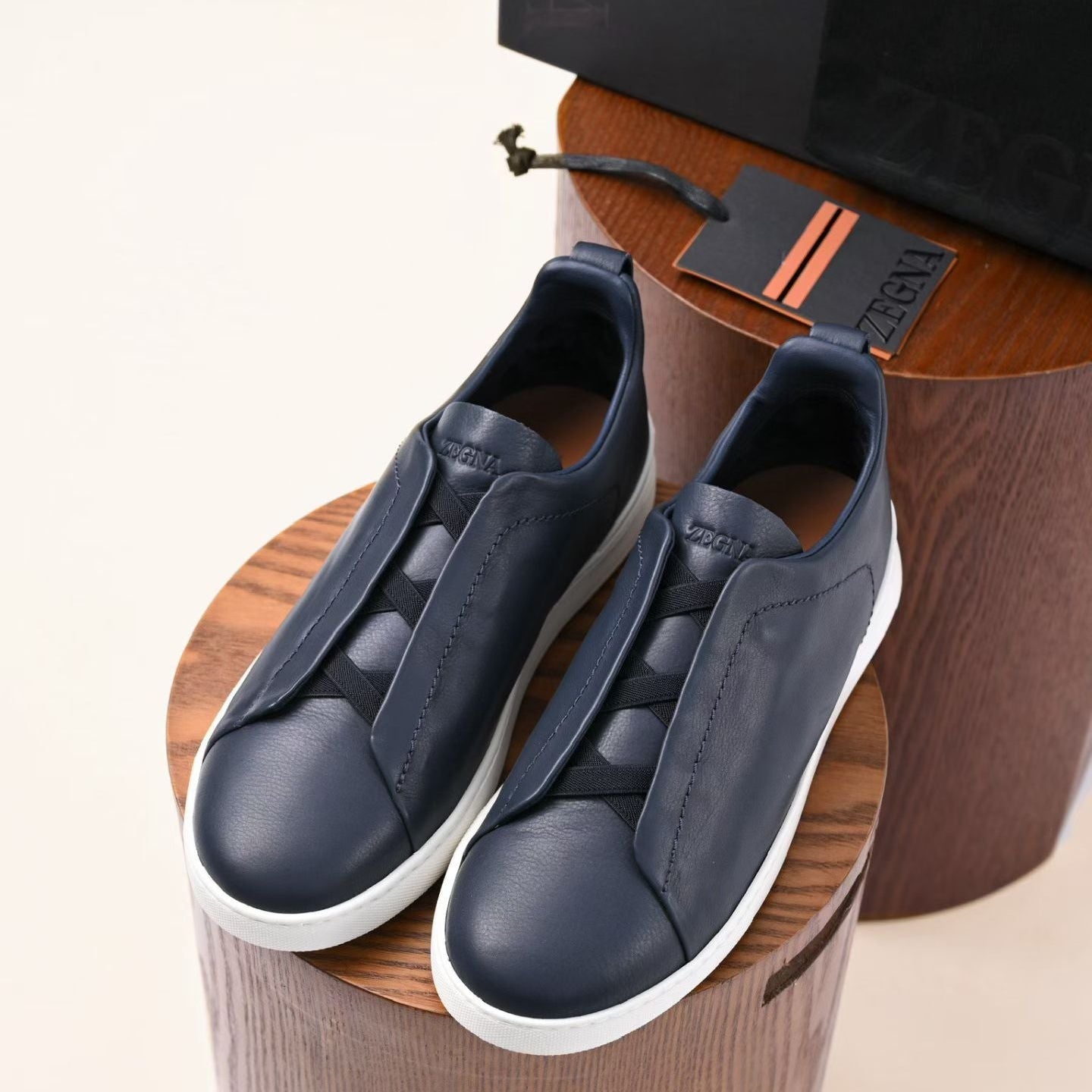 Zegna Triple Stitch Navy Blue Leather Sneakers