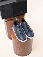 Zegna Triple Stitch Navy Blue Leather Sneakers