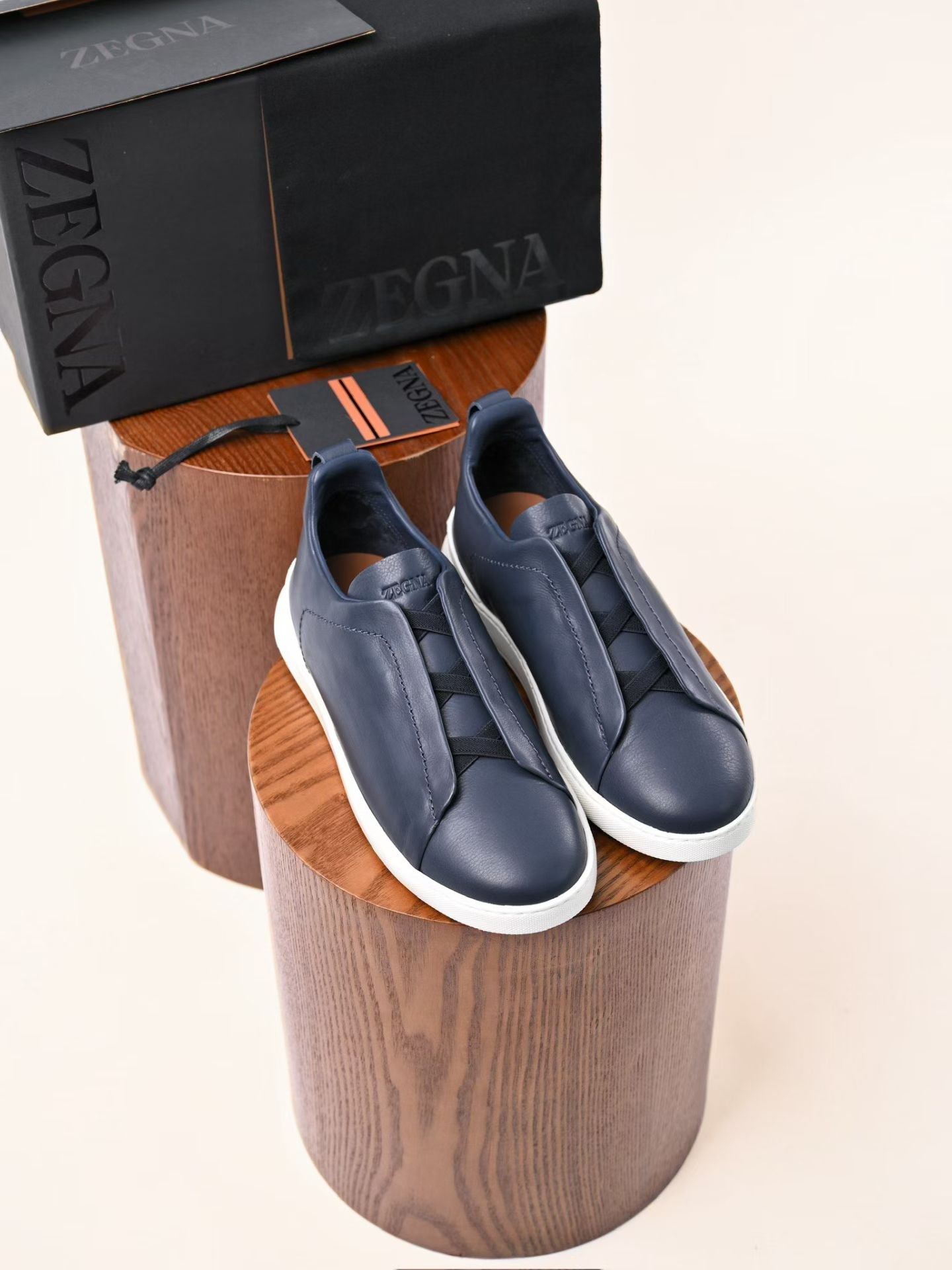 Zegna Triple Stitch Navy Blue Leather Sneakers