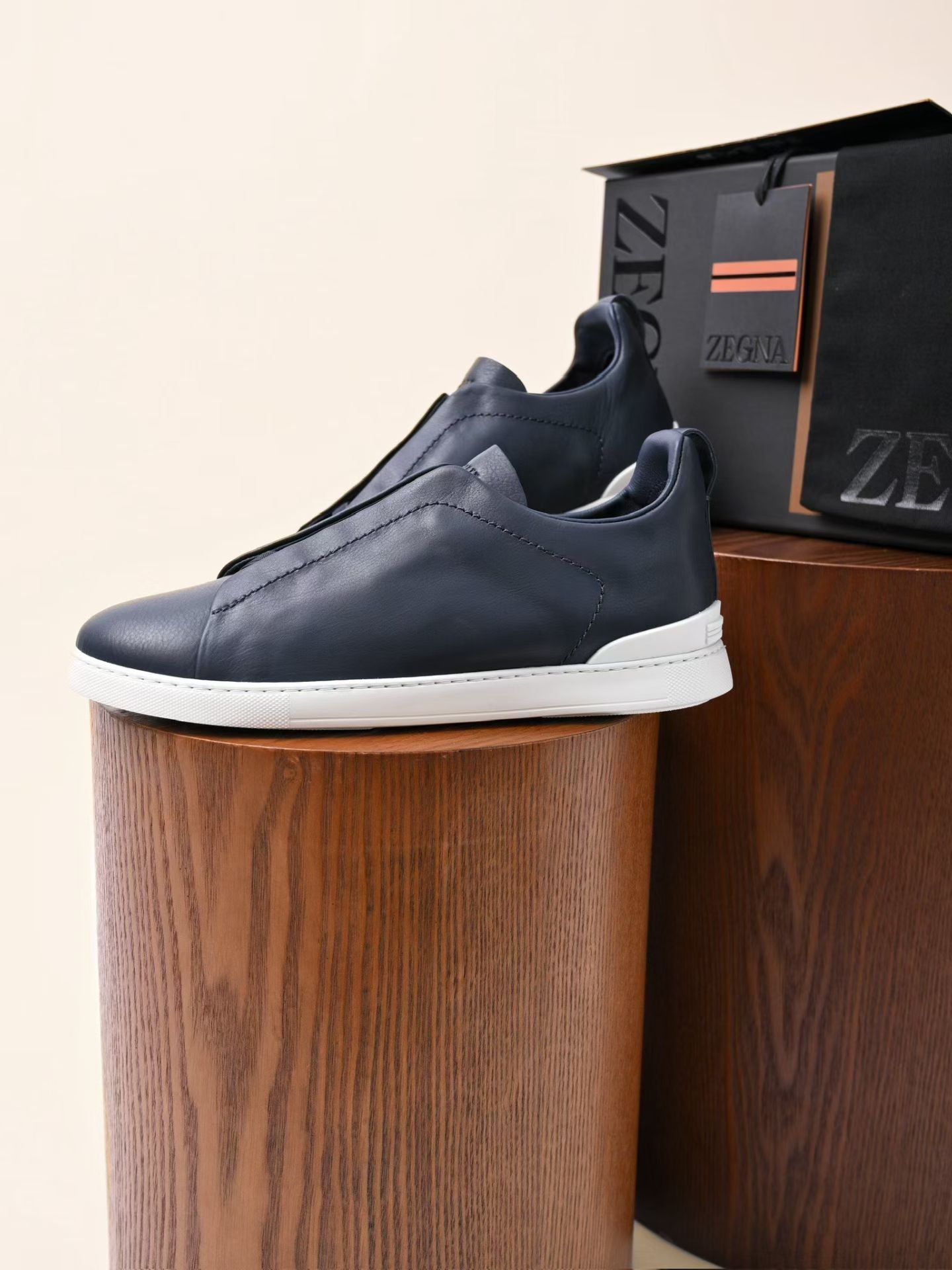 Zegna Triple Stitch Navy Blue Leather Sneakers