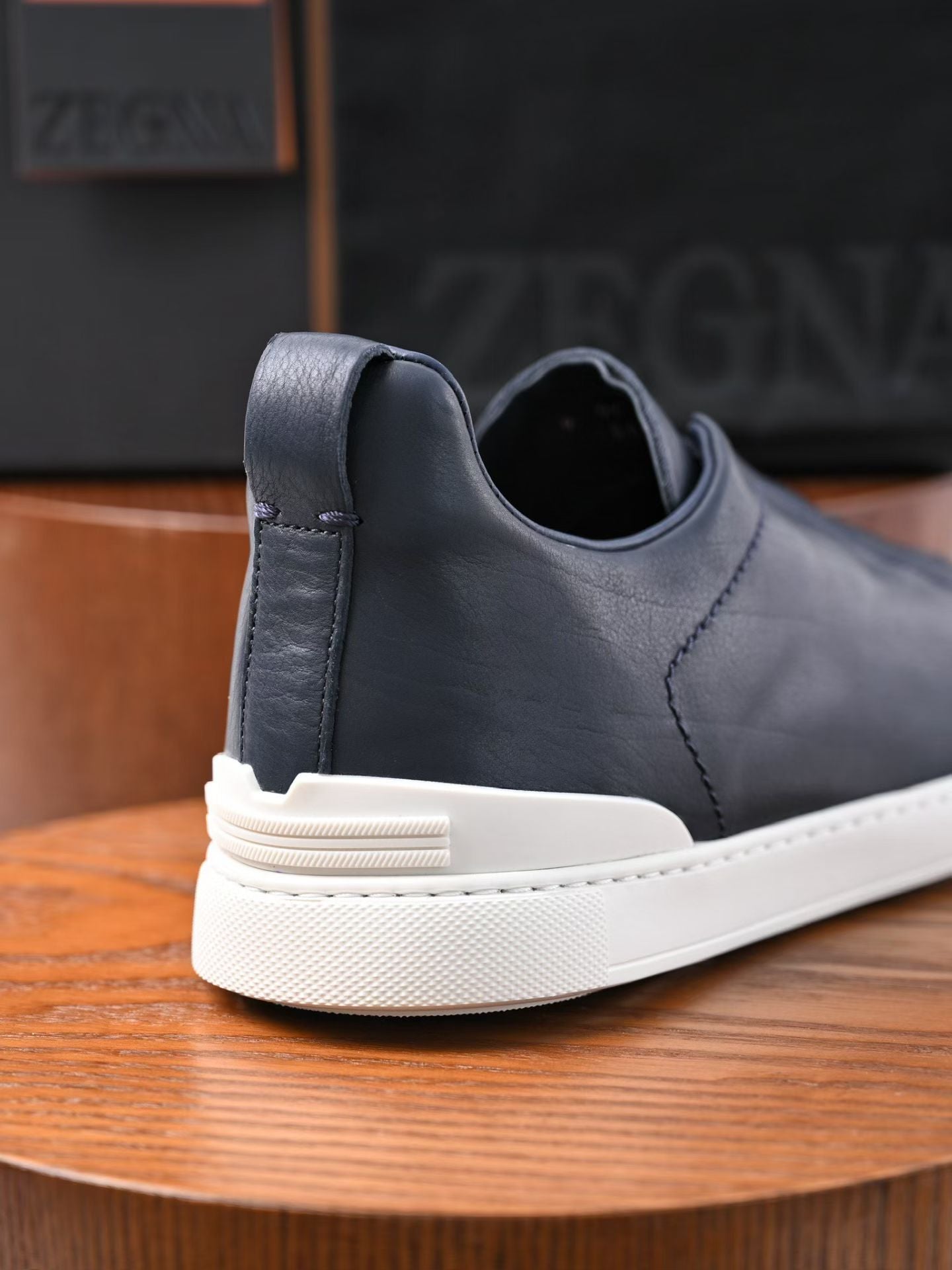 Zegna Triple Stitch Navy Blue Leather Sneakers