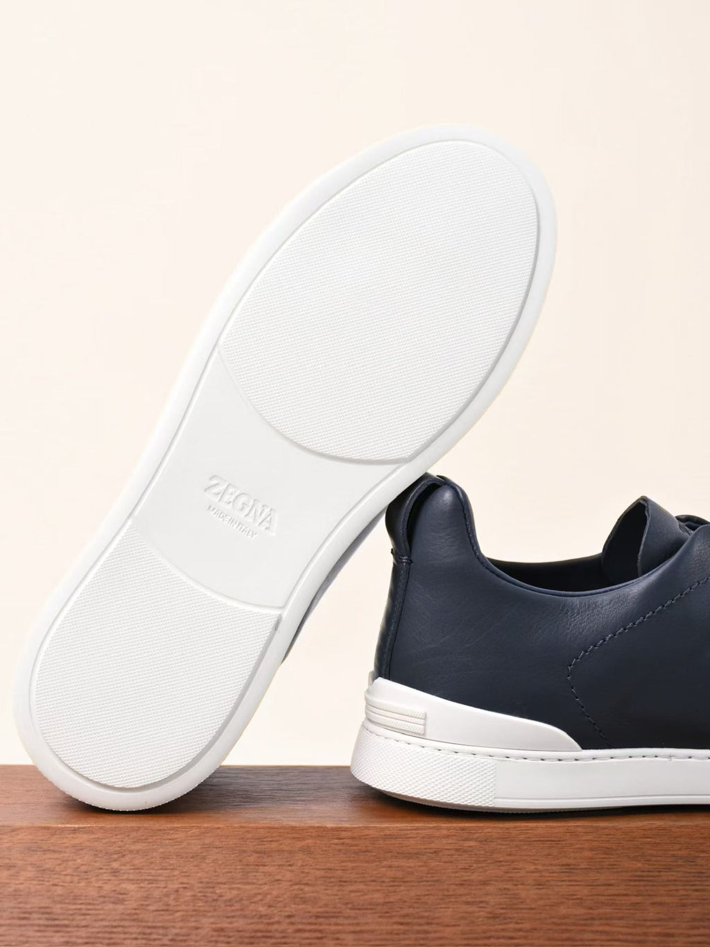 Zegna Triple Stitch Navy Blue Leather Sneakers