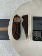 Zegna Mélange Triple Stitch Dark Brown Suede Sneakers