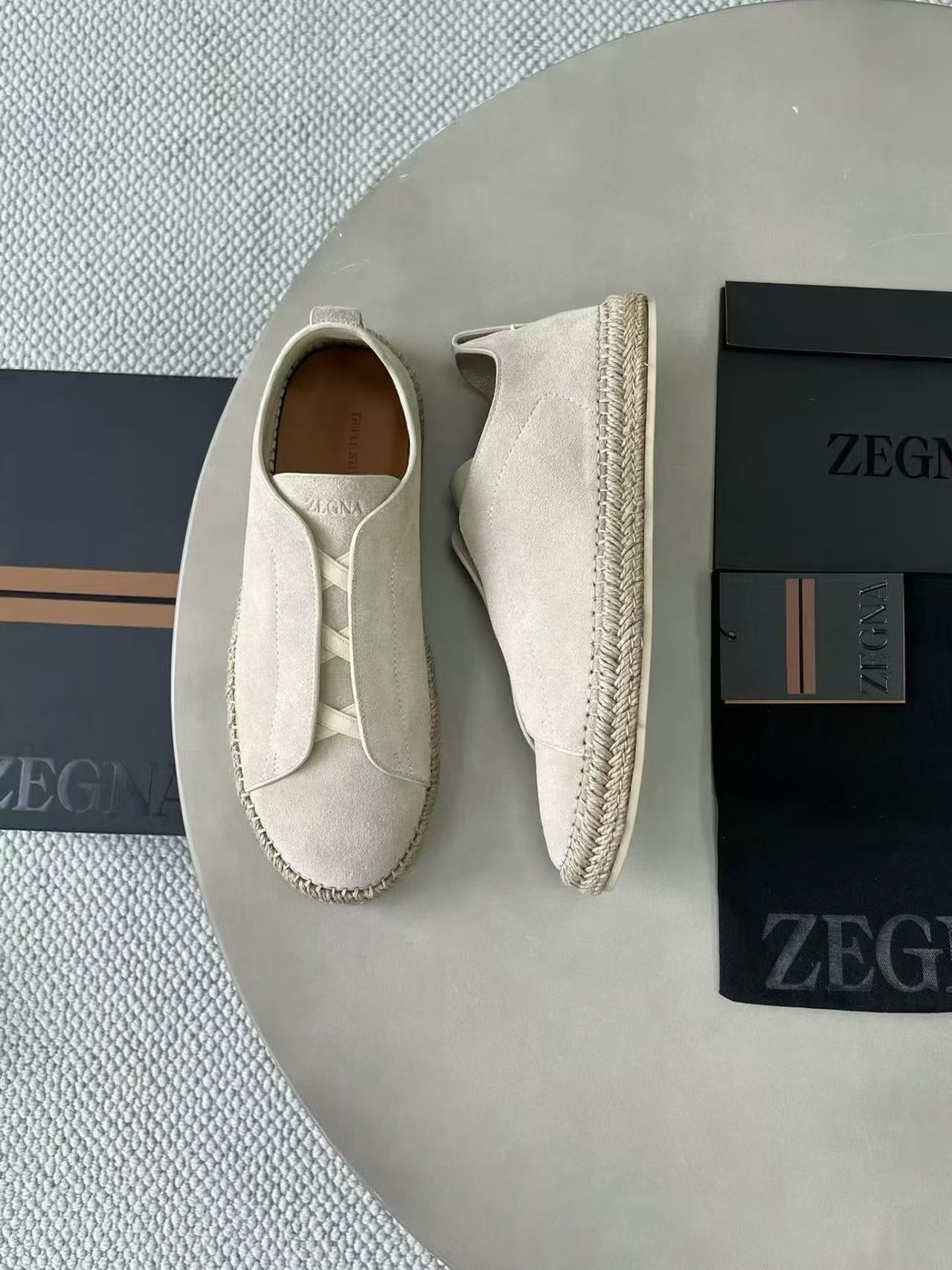 Zegna Mélange Triple Stitch Cream Suede Sneakers