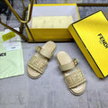 Fend Double-Strap Sandals Beige Monogram Woven Leather Slides
