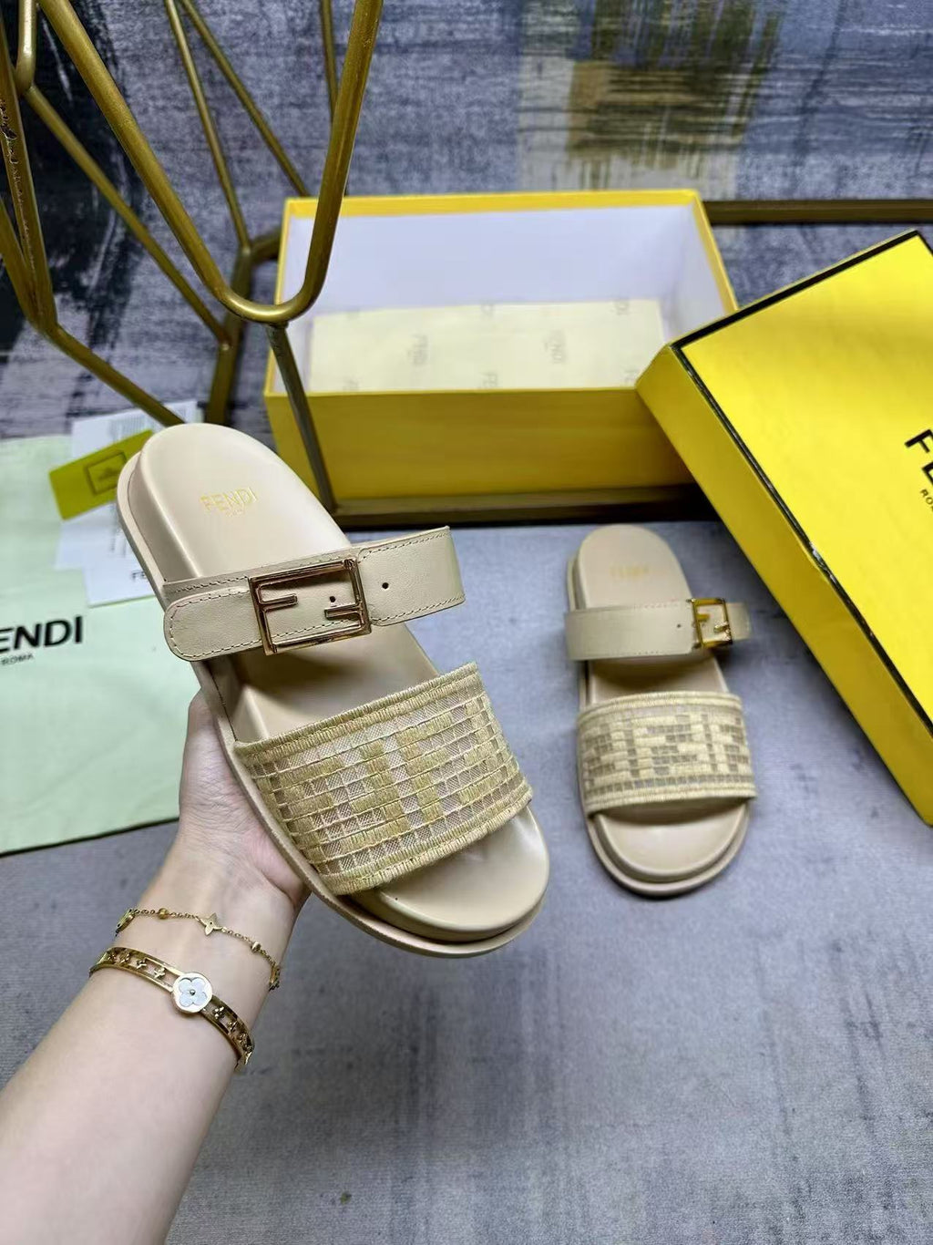 Fend Double-Strap Sandals Beige Monogram Woven Leather Slides