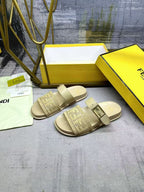Fend Double-Strap Sandals Beige Monogram Woven Leather Slides