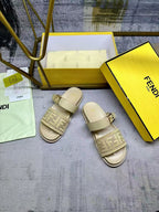 Fend Double-Strap Sandals Beige Monogram Woven Leather Slides