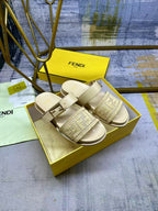 Fend Double-Strap Sandals Beige Monogram Woven Leather Slides