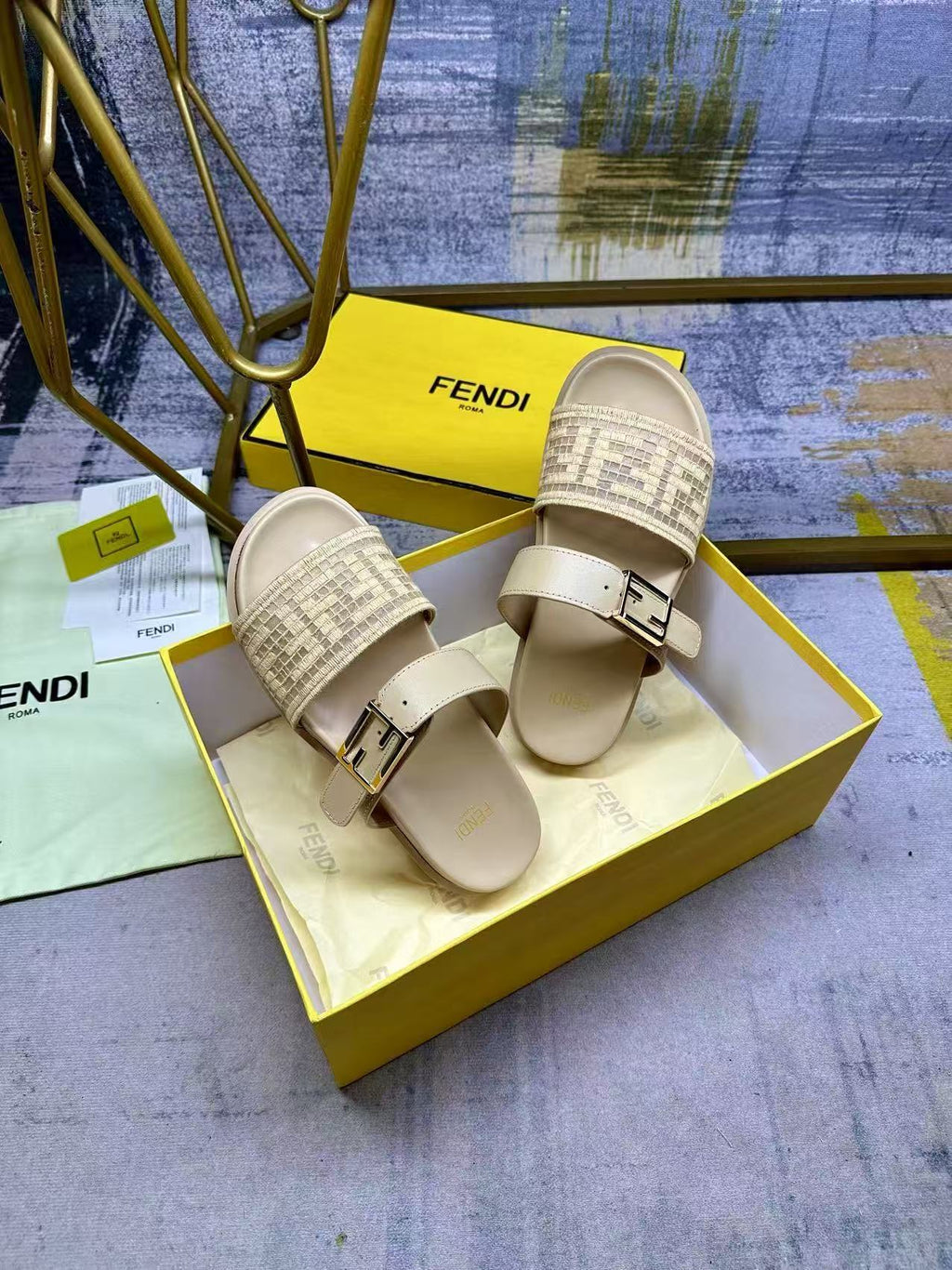 Fend Double-Strap Sandals Beige Monogram Woven Leather Slides