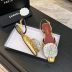 CC 26 Flower-shaped Slingback Pumps Gold Silver Cowhide