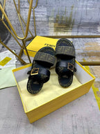 Fend Feel Double-Strap Sandals Black Monogram Canvas Leather Slides