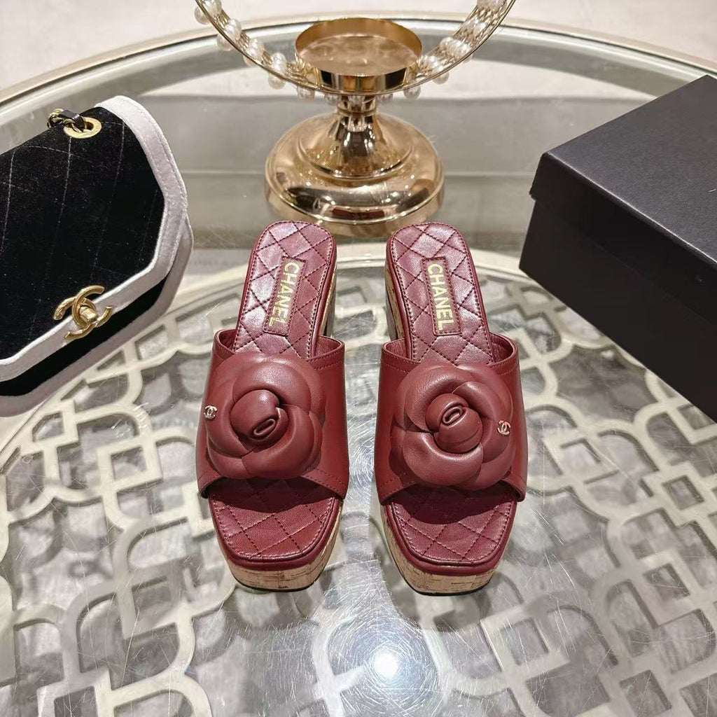 CC Camellia Platform Sandals Burgundy Lambskin