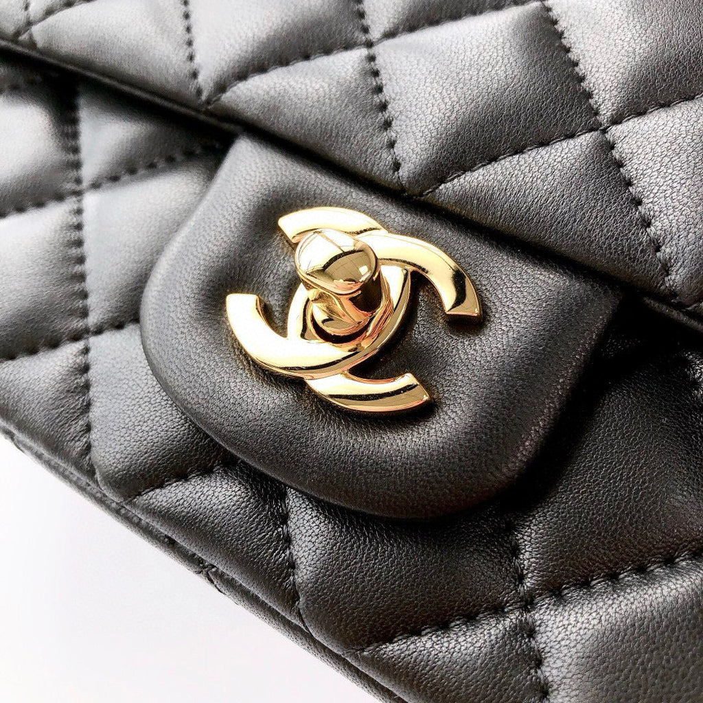 MINI RECTANGLE FLAP BAG 20CM BLACK LAMBSKIN GOLD HARDWARE