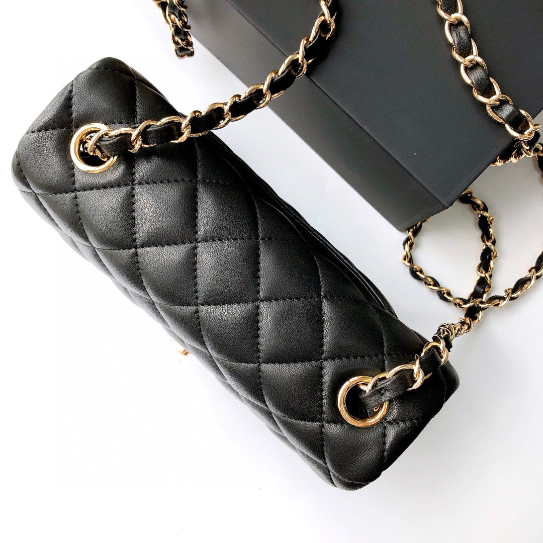 MINI RECTANGLE FLAP BAG 20CM BLACK LAMBSKIN GOLD HARDWARE