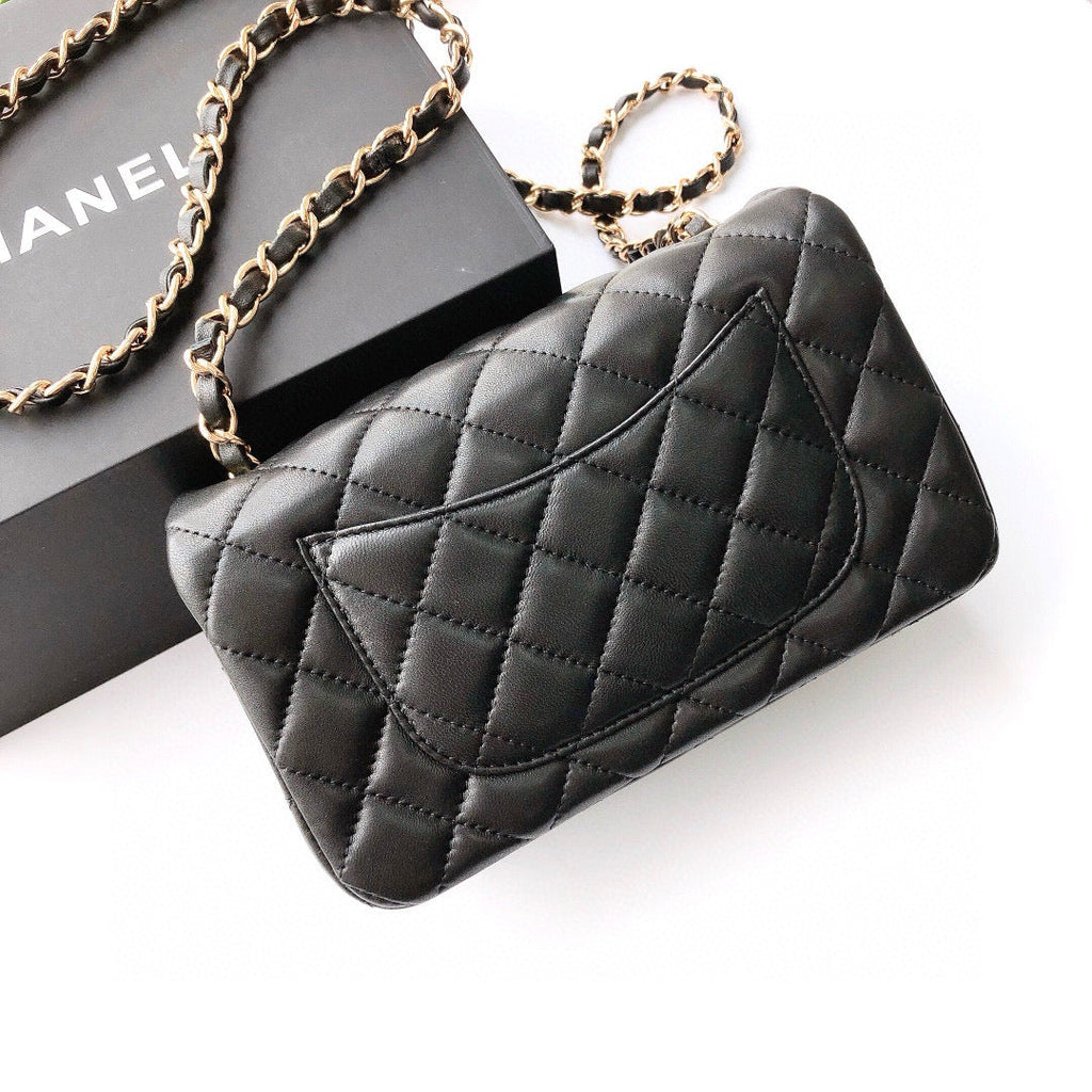 MINI RECTANGLE FLAP BAG 20CM BLACK LAMBSKIN GOLD HARDWARE