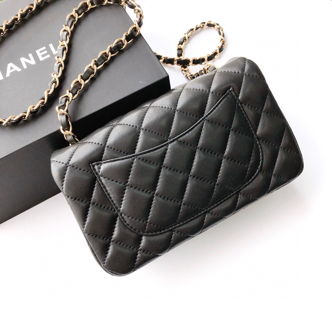 MINI RECTANGLE FLAP BAG 20CM BLACK LAMBSKIN GOLD HARDWARE